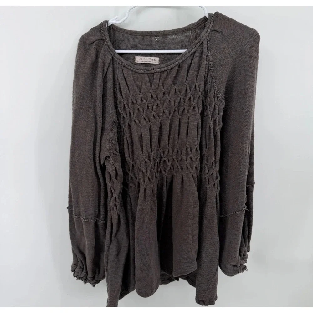 We The Free Free People Grey Smocked Knit Long Sleeve Top XS/S OB1874520